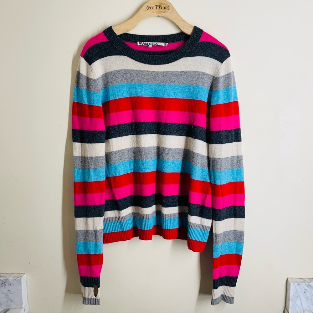 Pam & Gela Multi Stripe Crewneck Wool Blend Sweater size S